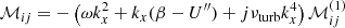 Mathematical equation: $$ \begin{aligned} \mathcal{M} _{ij} =&- \left(\omega k_x^2 + k_x(\beta - U^{\prime \prime }) + {j} {\nu _{\rm turb}} k_x^4 \right) \mathcal{M} _{ij}^{(1)} \end{aligned} $$
