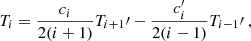 Mathematical equation: $$ \begin{aligned} T_i = \dfrac{c_i}{2(i+1)}T_{i+1}\prime - \dfrac{c_i^{\prime }}{2(i-1)}T_{i-1}\prime ~, \end{aligned} $$