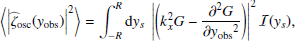 Mathematical equation: $$ \begin{aligned} \left\langle \left| {\widehat{\zeta }_{\rm osc}}({{ y}_{\rm obs}}) \right|^2 \right\rangle&= \displaystyle \int _{-R}^R \mathrm{d} { y}_s ~ \left| \left(k_x^2 G - \dfrac{\partial ^2 G}{\partial {{ y}_{\rm obs}}^2} \right) \right|^2 \mathcal{I} ({ y}_s), \end{aligned} $$