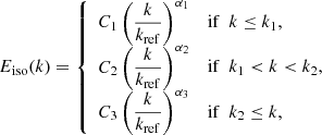Mathematical equation: $$ \begin{aligned} {E_{\rm iso}}(k) = {\left\{ \begin{array}{ll} C_1 \left(\dfrac{k}{k_{\rm ref}}\right)^{\alpha _1}&\mathrm{if} ~~ k \le k_1, \\ C_2 \left(\dfrac{k}{k_{\rm ref}}\right)^{\alpha _2}&\mathrm{if} ~~ k_1 < k < k_2, \\ C_3 \left(\dfrac{k}{k_{\rm ref}}\right)^{\alpha _3}&\mathrm{if} ~~ k_2 \le k, \end{array}\right.} \end{aligned} $$