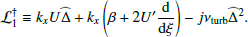 Mathematical equation: $$ \begin{aligned} \mathcal{L} _1^\dagger \equiv k_x U \widehat{\Delta } + k_x \left(\beta + 2 U^\prime \dfrac{\mathrm{d} }{\mathrm{d} \xi } \right) - {j}{\nu _{\rm turb}}\widehat{\Delta }^2. \end{aligned} $$