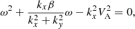 Mathematical equation: $$ \begin{aligned} \omega ^{2} + \frac{k_{x}\beta }{k_{x}^{2} + k_{{ y}}^{2}} \omega - k_{x}^{2} V_{\text{A}}^{2} = 0, \end{aligned} $$