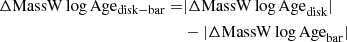 Mathematical equation: $$ \begin{aligned} \Delta \mathrm{MassW}\,\mathrm{log\,Age_{disk-bar}} =&| \Delta \mathrm{MassW}\,\mathrm{log\,Age}_{\mathrm{disk}} | \nonumber \\&- | \Delta \mathrm{MassW}\,\mathrm{log\,Age}_{\mathrm{bar}} | \end{aligned} $$