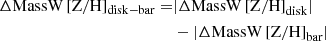Mathematical equation: $$ \begin{aligned} \Delta \mathrm{MassW}\,\mathrm{[Z/H]_{disk-bar}} =&| \Delta \mathrm{MassW}\,\mathrm{[Z/H]}_{\mathrm{disk}} | \nonumber \\&- | \Delta \mathrm{MassW}\,\mathrm{[Z/H]}_{\mathrm{bar}} | \end{aligned} $$