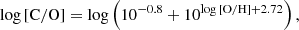 Mathematical equation: $$ \begin{aligned} \log \mathrm{[C/O]}&=\log \left(10^{-0.8}+10^{\log \mathrm{[O/H]}+ 2.72}\right),\end{aligned} $$