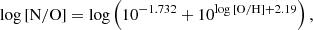 Mathematical equation: $$ \begin{aligned} \log \mathrm{[N/O]}&=\log \left(10^{-1.732}+10^{\log \mathrm{[O/H]}+ 2.19}\right),\end{aligned} $$