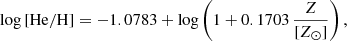 Mathematical equation: $$ \begin{aligned} \log \mathrm{[He/H]}&=-1.0783 + \log \left(1+0.1703\,\frac{Z}{[Z_\odot ]}\right), \end{aligned} $$