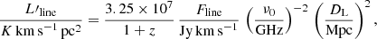 Mathematical equation: $$ \begin{aligned} \frac{L{\prime }_{\rm line}}{K\,\mathrm{km\,s}^{-1}\,\mathrm{pc}^2}=\frac{3.25\times 10^{7}}{1+z} \, \frac{F_{\rm line}}{\mathrm{Jy\,km\,s}^{-1}} \, \left(\frac{\nu _0}{\mathrm{GHz}}\right)^{-2} \, \left(\frac{D_{\rm L}}{\mathrm{Mpc}}\right)^2 ,\end{aligned} $$