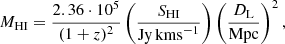 Mathematical equation: $$ \begin{aligned} M_{\rm HI} = \frac{2.36\cdot 10^5}{(1+z)^2} \left( \frac{S_{\rm HI}}{\mathrm{Jy\, km s}^{-1}} \right) \left( \frac{D_{\rm L}}{\mathrm{Mpc}} \right)^2, \end{aligned} $$
