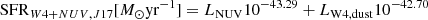 Mathematical equation: $$ \begin{aligned}&\mathrm{SFR}_{W4+NUV, J17} [{M}_{\odot } \mathrm{yr}^{-1}] = L_{\rm NUV} 10^{-43.29} + L_{\rm W4,dust} 10^{-42.70}\end{aligned} $$