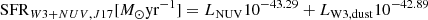 Mathematical equation: $$ \begin{aligned}&\mathrm{SFR}_{W3+NUV, J17} [{M}_{\odot } \mathrm{yr}^{-1}] = L_{\rm NUV} 10^{-43.29} + L_{\rm W3,dust} 10^{-42.89}\end{aligned} $$