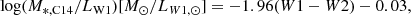 Mathematical equation: $$ \begin{aligned} \log (M_{\rm *, C14} /L_{\rm W1} ) [M_\odot /L_{W1,\odot }]= -1.96 (W1-W2) -0.03, \end{aligned} $$