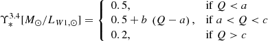 Mathematical equation: $$ \begin{aligned} \Upsilon _{*}^{3.4} [M_\odot /L_{W1,\odot }] = {\left\{ \begin{array}{ll} 0.5,&\mathrm{if}~ Q < a \\ 0.5 + b~\left( Q - a\right) ,&\mathrm{if}~a < Q < c \\ 0.2 ,&\mathrm{if}~Q>c \end{array}\right.} \end{aligned} $$