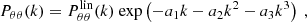 Mathematical equation: $$ \begin{aligned} P_{\theta \theta }(k)&= P^\mathrm{lin} _{\theta \theta }(k)\ \mathrm{exp} \left(-a_1k-a_2k^2-a_3k^3\right)\ , \end{aligned} $$