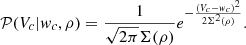 Mathematical equation: $$ \begin{aligned} {\mathcal{P} } (V_c| { w}_c, \rho ) = \frac{1}{\sqrt{2\pi }\Sigma (\rho )}e^{-\frac{(V_c-{ w}_c)^2}{2\Sigma ^2(\rho )}}. \end{aligned} $$