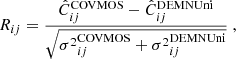 Mathematical equation: $$ \begin{aligned} R_{ij} = \frac{\hat{C}_{ij}^\mathrm{COVMOS} - \hat{C}_{ij}^\mathrm{DEMNUni}}{\sqrt{{\sigma ^2}_{ij}^\mathrm{COVMOS}+{\sigma ^2}_{ij}^\mathrm{DEMNUni}}}\ , \end{aligned} $$