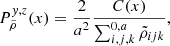 Mathematical equation: $$ \begin{aligned} P^{y,z}_{\tilde{\rho }}(x) = \frac{2}{a^2}\frac{C(x)}{ \sum _{i,j,k}^{0,a}\tilde{\rho }_{ijk}} , \end{aligned} $$