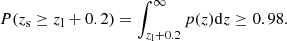 Mathematical equation: $$ \begin{aligned} P(z_{\rm s}\ge z_{\rm l}+0.2) = \int _{z_{\rm l}+0.2}^{\infty } {p(z)\mathrm{d}z} \ge 0.98. \end{aligned} $$