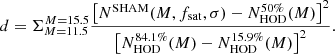 Mathematical equation: $$ \begin{aligned} d = \Sigma ^{M=15.5}_{M=11.5} \frac{\left[N^\mathrm{SHAM}(M, f_{\mathrm{sat}}, \sigma )-N^{50\%}_{\rm HOD}(M)\right]^2}{\left[N^{84.1\%}_{\rm HOD}(M)-N^{15.9\%}_{\rm HOD}(M)\right]^2}. \end{aligned} $$