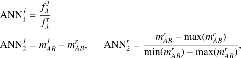 Mathematical equation: $ \matrix{ {{\rm{ANN}}_1^j = {{f_\lambda ^j} \over {f_\lambda ^{\rm{r}}}}} \hfill \cr {{\rm{ANN}}_2^j = m_{AB}^j - m_{AB}^r,\quad {\rm{ANN}}_2^r = {{m_{AB}^r - \max \left( {m_{AB}^r} \right)} \over {\min \left( {m_{AB}^r} \right) - \max \left( {m_{AB}^r} \right)}},} \hfill \cr } $
