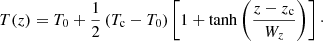 Mathematical equation: $$ \begin{aligned} T(z) = T_{0} + \frac{1}{2} \left(T_{\rm c}-T_{0}\right)\left[1+ \tanh \left(\frac{z-z_{\rm c}}{W_z}\right)\right]\cdot \end{aligned} $$