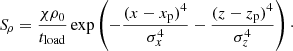 Mathematical equation: $$ \begin{aligned} {S\!}_{\rho }=\frac{\chi \rho _{0}}{t_{\rm load}}\exp \left({-\frac{(x-x_{\rm p})^4}{\sigma _x^4}-\frac{(z-z_{\rm p})^4}{\sigma _z^4}}\right)\cdot \end{aligned} $$