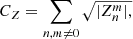Mathematical equation: $$ \begin{aligned} C_Z = \sum _{n, m \ne 0} \sqrt{| Z_n^m |,} \end{aligned} $$