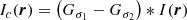 Mathematical equation: $$ \begin{aligned} I_{c}(\boldsymbol{r}) = \left(G_{\sigma _1}- G_{\sigma _2}\right)*I(\boldsymbol{r}) \end{aligned} $$