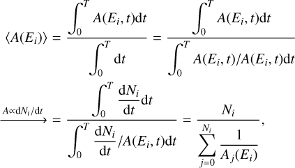 Mathematical equation: $ \matrix{ {\,\,\,\,\,\,\,\left\langle {A\left( {{E_i}} \right)} \right\rangle = {{\int_0^T {A\left( {{E_i},t} \right){\rm{d}}t} } \over {\int_0^T {{\rm{d}}t} }} = {{\int_0^T {A\left( {{E_i},t} \right){\rm{d}}t} } \over {\int_0^T {A{{\left( {{E_i},t} \right)} \mathord{\left/ {\vphantom {{\left( {{E_i},t} \right)} {A\left( {{E_i},t} \right)}}} \right. \kern-\nulldelimiterspace} {A\left( {{E_i},t} \right)}}{\rm{d}}t} }}} \hfill \cr {\buildrel {A \propto {\rm{d}}{{{N_i}} \mathord{\left/ {\vphantom {{{N_i}} {{\rm{d}}t}}} \right. \kern-\nulldelimiterspace} {{\rm{d}}t}}} \over \longrightarrow = {{\int_0^T {{{{\rm{d}}{N_i}} \over {{\rm{d}}t}}{\rm{d}}t} } \over {\int_0^T {{{{{{\rm{d}}{N_i}} \over {{\rm{d}}t}}} \mathord{\left/ {\vphantom {{{{{\rm{d}}{N_i}} \over {{\rm{d}}t}}} {A\left( {{E_i},t} \right){\rm{d}}t}}} \right. \kern-\nulldelimiterspace} {A\left( {{E_i},t} \right){\rm{d}}t}}} }} = {{{N_i}} \over {\sum\limits_{j = 0}^{{N_i}} {{1 \over {{A_j}\left( {{E_i}} \right)}}} }},} \hfill \cr } $