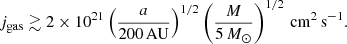 Mathematical equation: $$ \begin{aligned} j_{\rm gas} \gtrsim 2 \times 10^{21} \left(\frac{a}{200\,\mathrm{AU}}\right)^{1/2} \left(\frac{M}{5\,M_\odot }\right)^{1/2} \, \mathrm{cm^2\,s^{-1}}. \end{aligned} $$