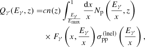 Mathematical equation: $$ \begin{aligned} Q_{\gamma }(E_{\gamma },z)=&cn(z)\int _{\frac{E_{\gamma }}{E_{\rm max}}}^{1} \frac{\mathrm{d}x}{x}N_{\rm p}\left(\frac{E_{\gamma }}{x},z\right)\nonumber \\&\times F_{\gamma }\left(x,\frac{E_{\gamma }}{x}\right)\sigma _{\rm pp}^{(\mathrm{inel})}\left(\frac{E_{\gamma }}{x}\right), \end{aligned} $$