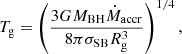 Mathematical equation: $$ \begin{aligned} T_{\rm g} = \left(\frac{3GM_{\rm BH}\dot{M}_{\rm accr}}{8\pi \sigma _{\rm SB}R_{\rm g}^{3}}\right)^{1/4}, \end{aligned} $$