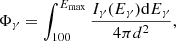 Mathematical equation: $$ \begin{aligned} \Phi _{\gamma } = \int _{100}^{E_{\rm max}} \frac{I_{\gamma }(E_{\gamma })\mathrm{d}E_{\gamma }}{4\pi d^{2}}, \end{aligned} $$