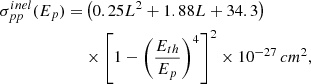 Mathematical equation: $$ \begin{aligned} \sigma _{pp}^{inel}(E_p)=&\left(0.25L^2+1.88L+34.3\right)\nonumber \\&\times \left[1- \left(\frac{E_{th}}{E_p}\right)^4\right]^2\times 10^{-27}\,cm^2, \end{aligned} $$