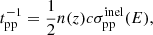 Mathematical equation: $$ \begin{aligned} t_{\rm pp}^{-1}&=\frac{1}{2}n(z)c\sigma _{\rm pp}^\mathrm{inel}(E), \end{aligned} $$