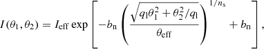 Mathematical equation: $$ \begin{aligned} I(\theta _1, \theta _2) = I_{\rm eff} \exp \left[-b_{\rm n} \left(\frac{\sqrt{q_{\rm l} \theta _1^2 + \theta _2^2/q_{\rm l}}}{\theta _{\rm eff}}\right)^{1/n_{\rm s}} + b_{\rm n} \right], \end{aligned} $$