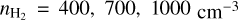 Mathematical equation: ${n_{{{\rm{H}}_2}}} = 400,\,700,\,1000\,{\rm{c}}{{\rm{m}}^{ - 3}}$
