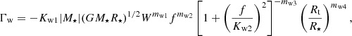 Mathematical equation: $$ \begin{aligned} \Gamma _\mathrm{w} = -K_\mathrm{w1} |{M}_\star | (G M_\star R_\star )^{1/2} W^{m_\mathrm{w1} } f^{m_\mathrm{w2} } \left[ 1+ \left( \frac{f}{K_\mathrm{w2} } \right)^2 \right]^{-m_\mathrm{w3} } \left( \frac{R_\mathrm{t} }{R_\star } \right)^{m_\mathrm{w4} } , \end{aligned} $$