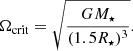 Mathematical equation: $$ \begin{aligned} \Omega _\mathrm{crit} = \sqrt{\frac{G M_\star }{(1.5 R_\star )^3}} . \end{aligned} $$