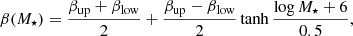 Mathematical equation: $$ \begin{aligned} \beta ({M}_\star ) = \frac{\beta _\mathrm{up} +\beta _\mathrm{low} }{2} + \frac{\beta _\mathrm{up} -\beta _\mathrm{low} }{2} \tanh { \frac{\log {{M}_\star }+6}{0.5} } , \end{aligned} $$