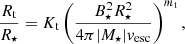 Mathematical equation: $$ \begin{aligned} \frac{R_\mathrm{t} }{R_\star } = K_\mathrm{t} \left( \frac{B_\star ^2 R_\star ^2}{4 \pi |{M}_\star | { v}_\mathrm{esc} } \right)^{m_\mathrm{t} } , \end{aligned} $$
