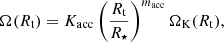 Mathematical equation: $$ \begin{aligned} \Omega (R_\mathrm{t} ) = K_\mathrm{acc} \left( \frac{R_\mathrm{t} }{R_\star } \right)^{m_\mathrm{acc} } \Omega _\mathrm{K} (R_\mathrm{t} ) , \end{aligned} $$