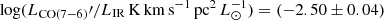 Mathematical equation: $ \log(L_\mathrm{CO(7{-}6)}\prime/L_{\mathrm{IR}}\,\mathrm{K\,km\,s^{-1}\,pc^2}\,L_{\odot}^{-1}) = (-2.50 \pm 0.04) $