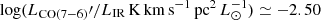 Mathematical equation: $ \log(L_{\mathrm{CO(7-6)}}\prime/L_{\mathrm{IR}}\,\mathrm{K\,km\,s^{-1}\,pc^2\,}L_{\odot}^{-1}) \simeq -2.50 $
