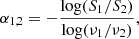 Mathematical equation: $$ \begin{aligned} \alpha _{1,2} = - \frac{\log (S_{1}/S_{2})}{\log (\nu _{1}/\nu _{2})}, \end{aligned} $$