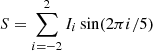 Mathematical equation: $$ \begin{aligned} S=\sum _{i=-2}^2 I_i \sin (2\pi i/5) \end{aligned} $$