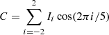 Mathematical equation: $$ \begin{aligned} C=\sum _{i=-2}^2 I_i \cos (2\pi i/5) \end{aligned} $$
