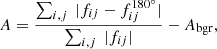Mathematical equation: $$ \begin{aligned} A = \frac{\sum _{i,j}~|f_{ij} - f_{ij}^{180^{\circ }} |}{\sum _{i,j}~|f_{ij} |} - A_{\rm bgr}, \end{aligned} $$