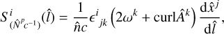 Mathematical equation: $S_{({{\hat N}^p}{c^{ - 1}})}^i(\hat l) = {1 \over {\hat nc}}{^i}_{jk}(2{\omega ^k} + {\rm{curl}}{{\hat A}^k}){{{\rm{d}}{{\hat x}^j}} \over {{\rm{d}}\hat l}},$