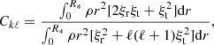 Mathematical equation: $$ \begin{aligned} C_{k\ell }= \frac{\int ^{R_*}_0{\rho r^2 [2 \xi _{\rm r} \xi _{\rm t} + \xi ^2_{\rm t}] \mathrm{d}r}}{\int ^{R_*}_0{\rho r^2 [\xi ^2_{\rm r} + \ell (\ell + 1) \xi ^2_{\rm t}] \mathrm{d}r}}, \end{aligned} $$